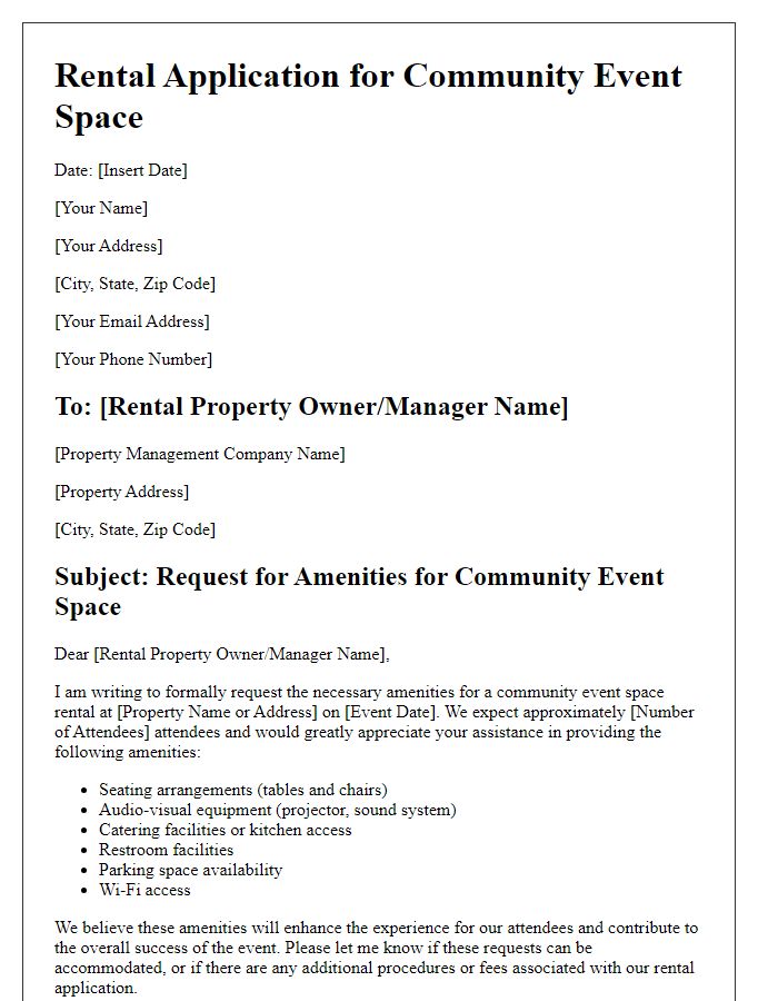 Letter template of rental application amenities request for community event spaces.