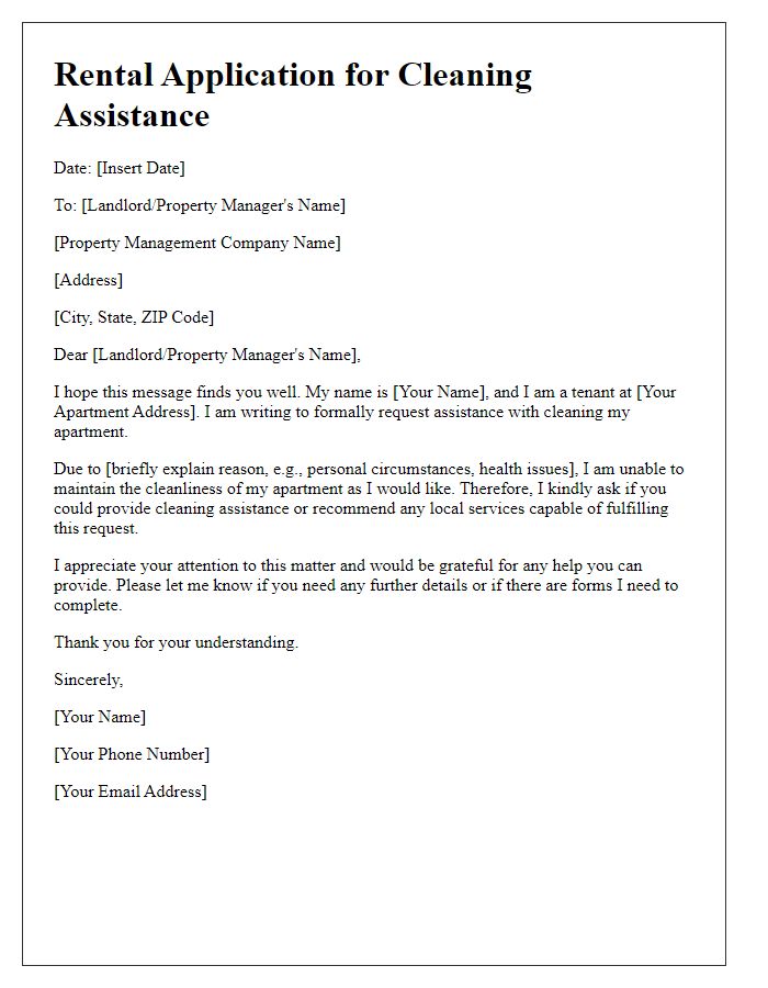 Letter template of rental application for apartment cleaning assistance