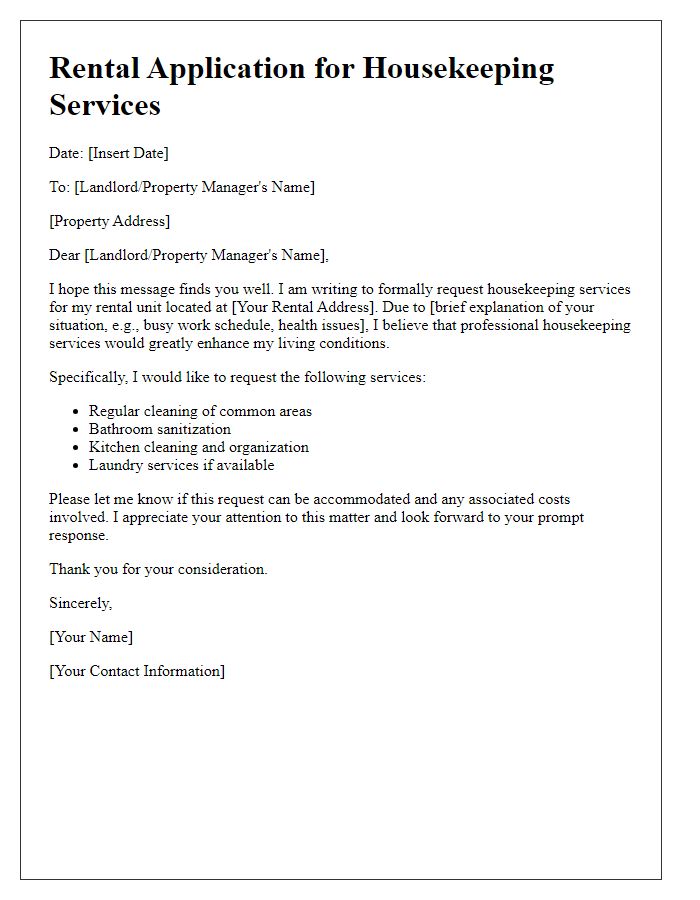 Letter template of rental application for housekeeping services request