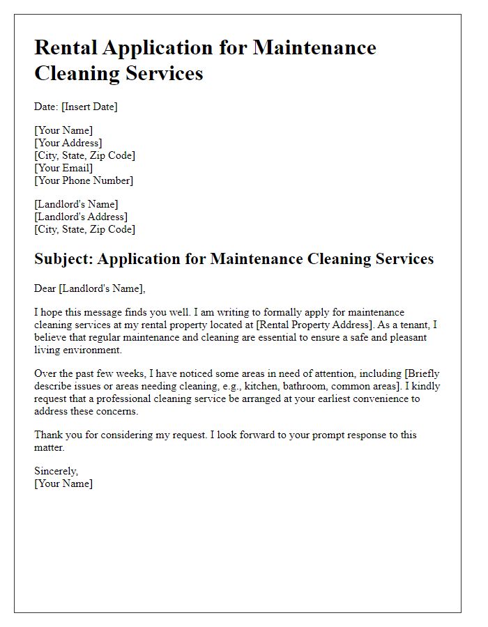 Letter template of rental application for maintenance cleaning services