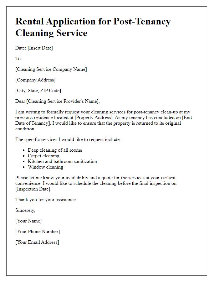 Letter template of rental application for post-tenancy cleaning service