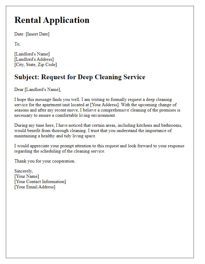 Letter template of rental application regarding deep cleaning service request