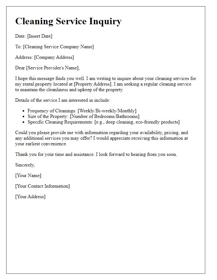 Letter template of rental application for regular cleaning service inquiry