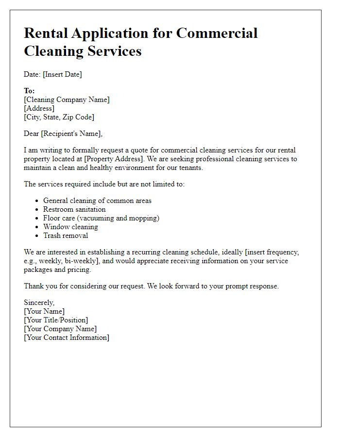 Letter template of rental application requesting commercial cleaning services