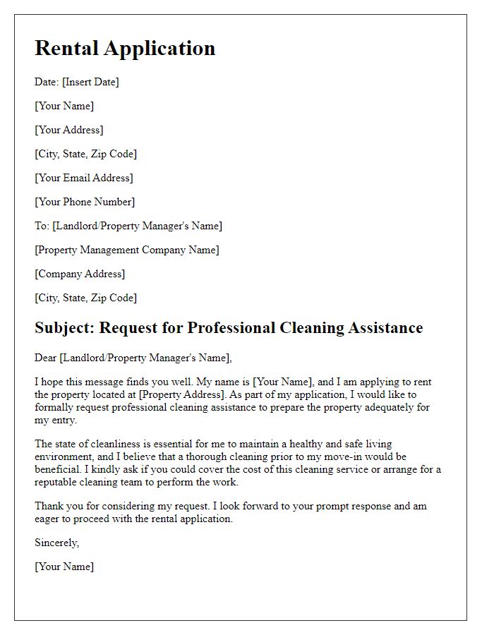 Letter template of rental application seeking professional cleaning assistance