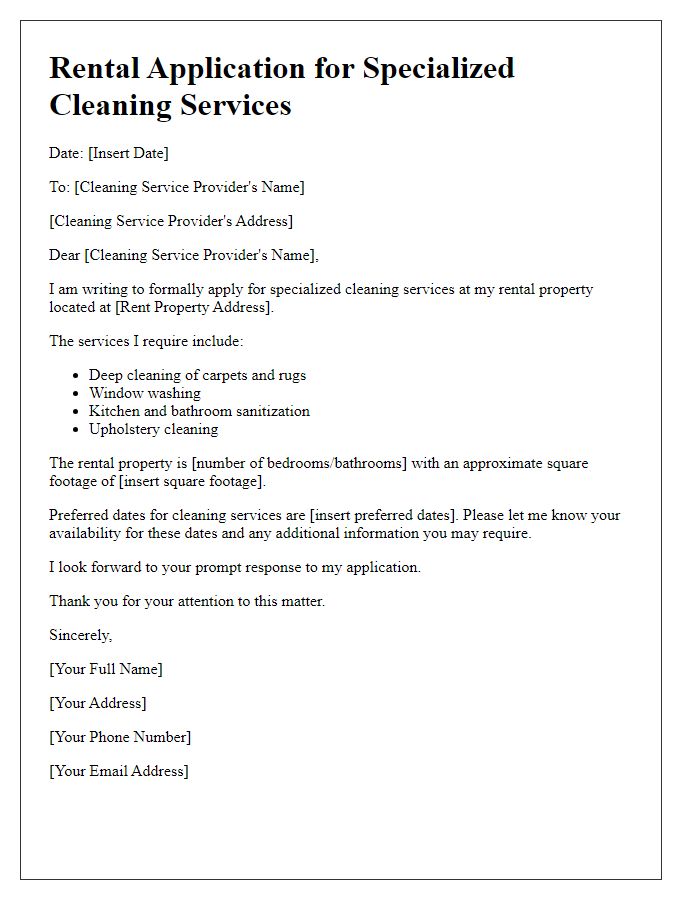 Letter template of rental application for specialized cleaning services