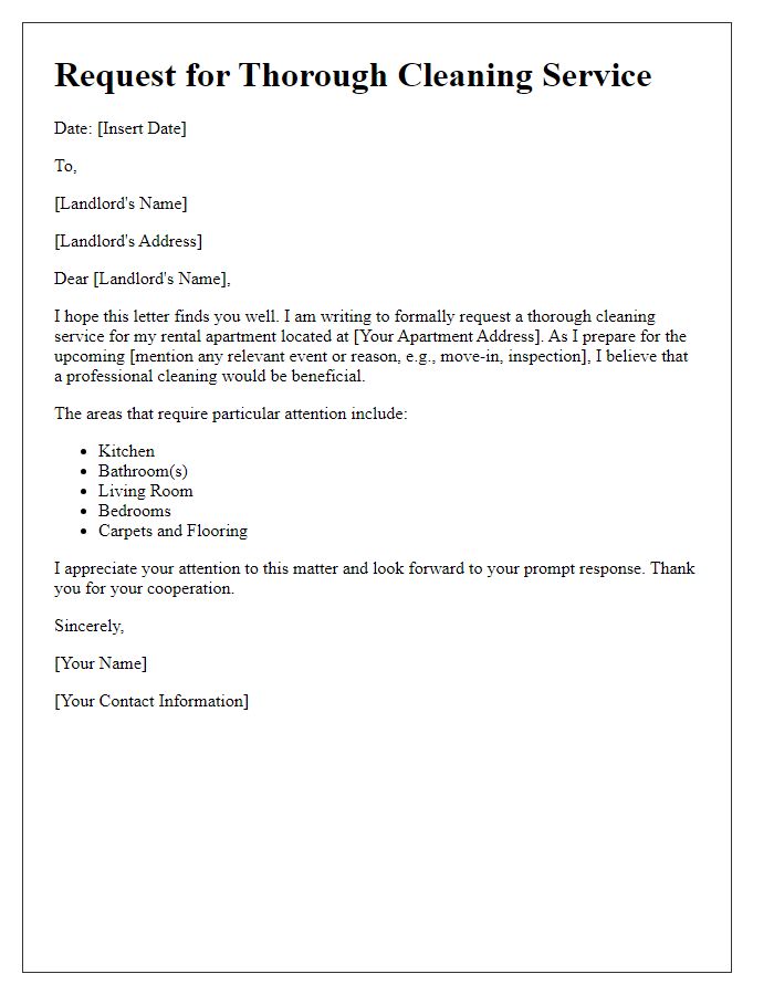 Letter template of rental application for thorough cleaning service request