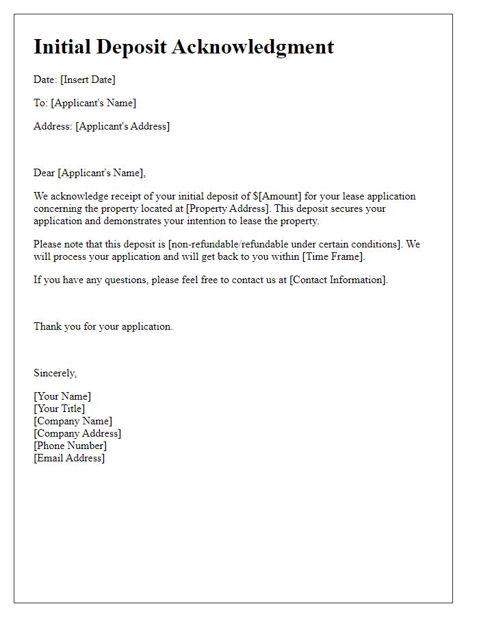 Letter template of initial deposit acknowledgment for lease application.