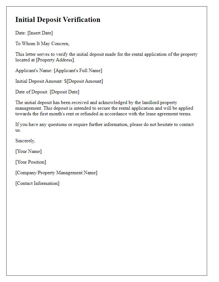 Letter template of initial deposit verification for rental application.