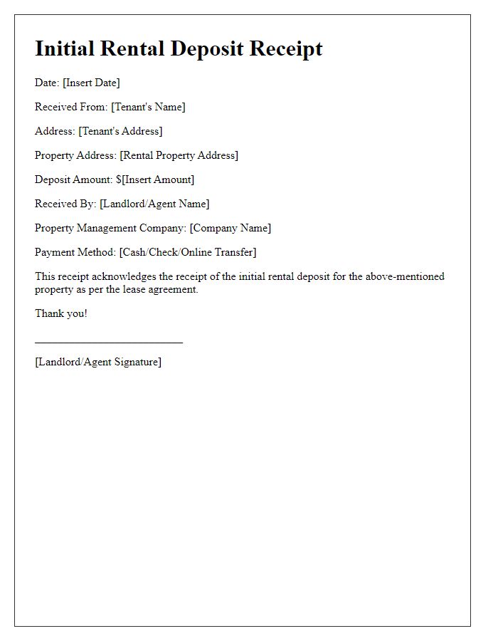 Letter template of initial rental deposit receipt.