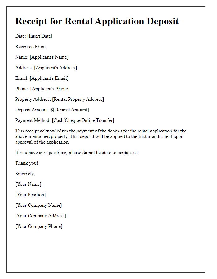 Letter template of receipt for rental application deposit.