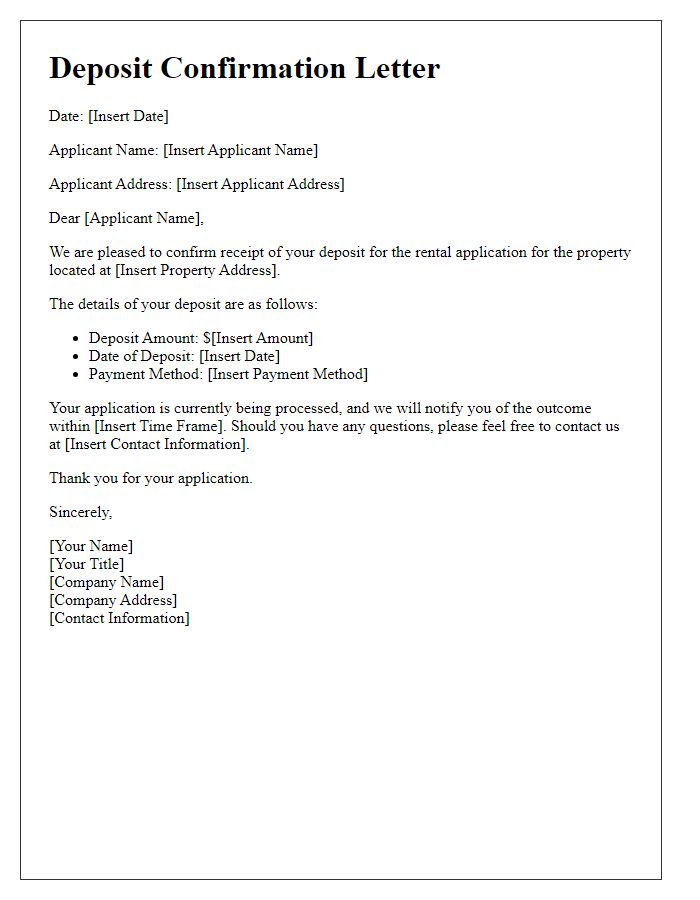 Letter template of rental application deposit confirmation.