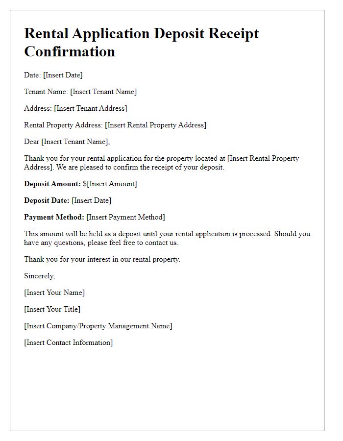 Letter template of rental application deposit receipt confirmation.