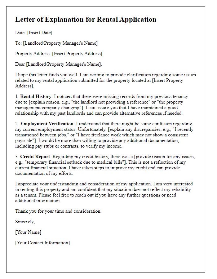 Letter template of explanation for rental application document issues