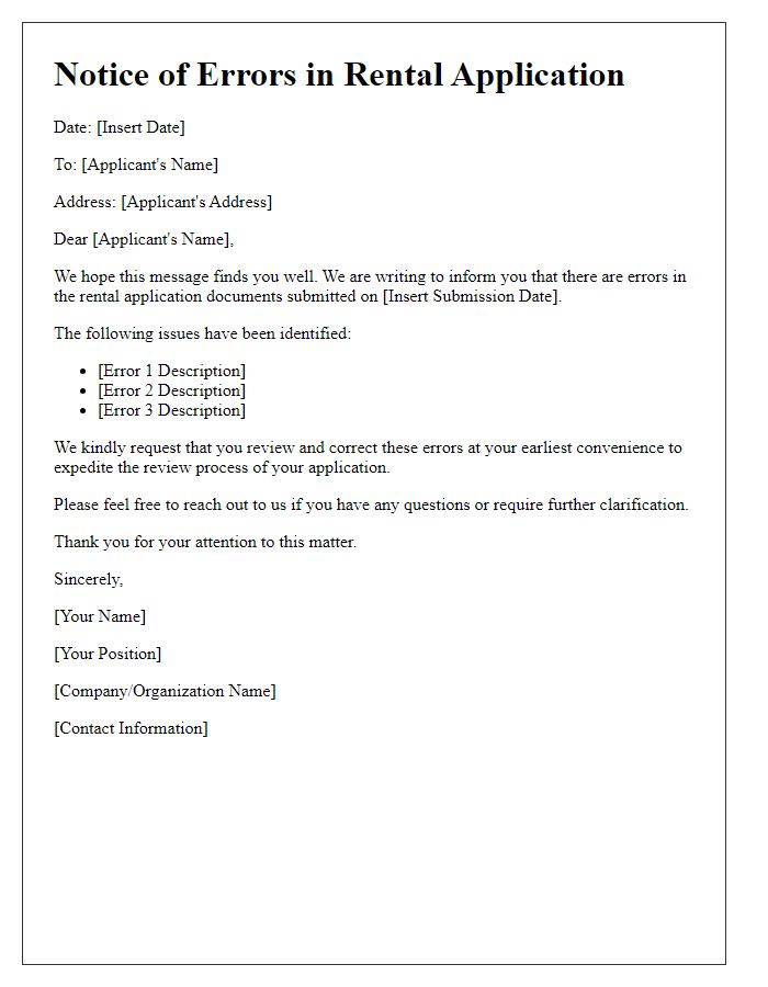 Letter template of notice for rental application document errors