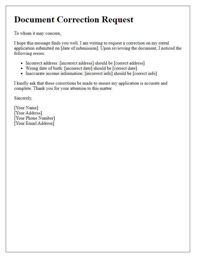 Letter template of rental application document correction request