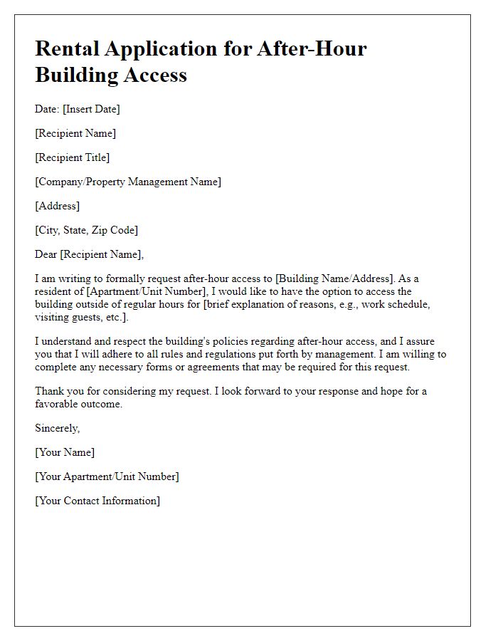 Letter template of rental application for after-hour building access.