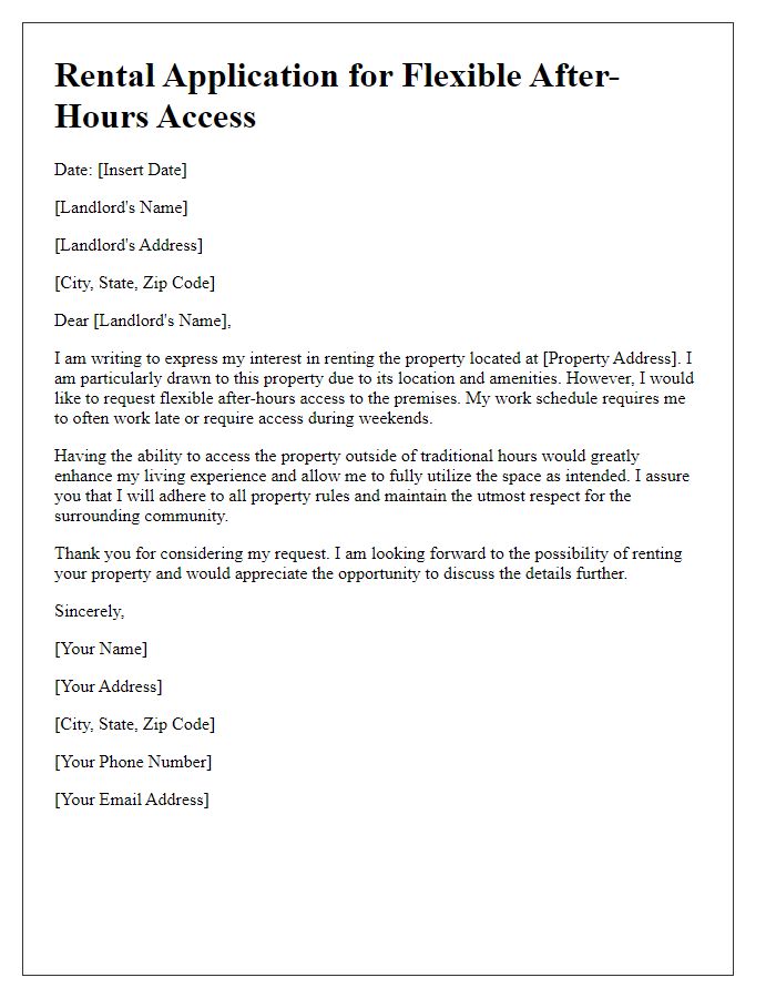 Letter template of rental application for flexible after-hours access.