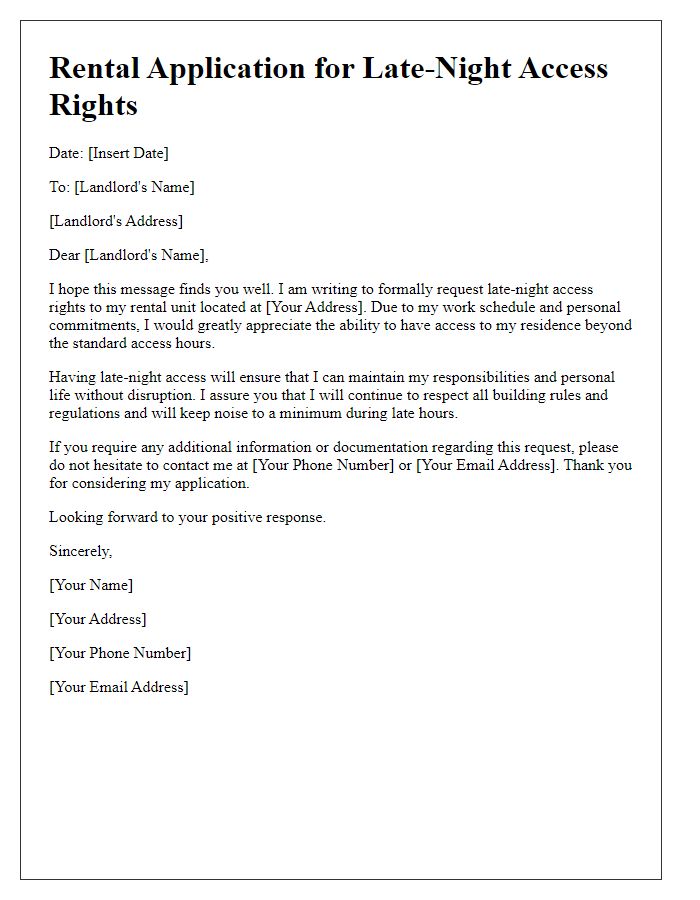 Letter template of rental application for late-night access rights.