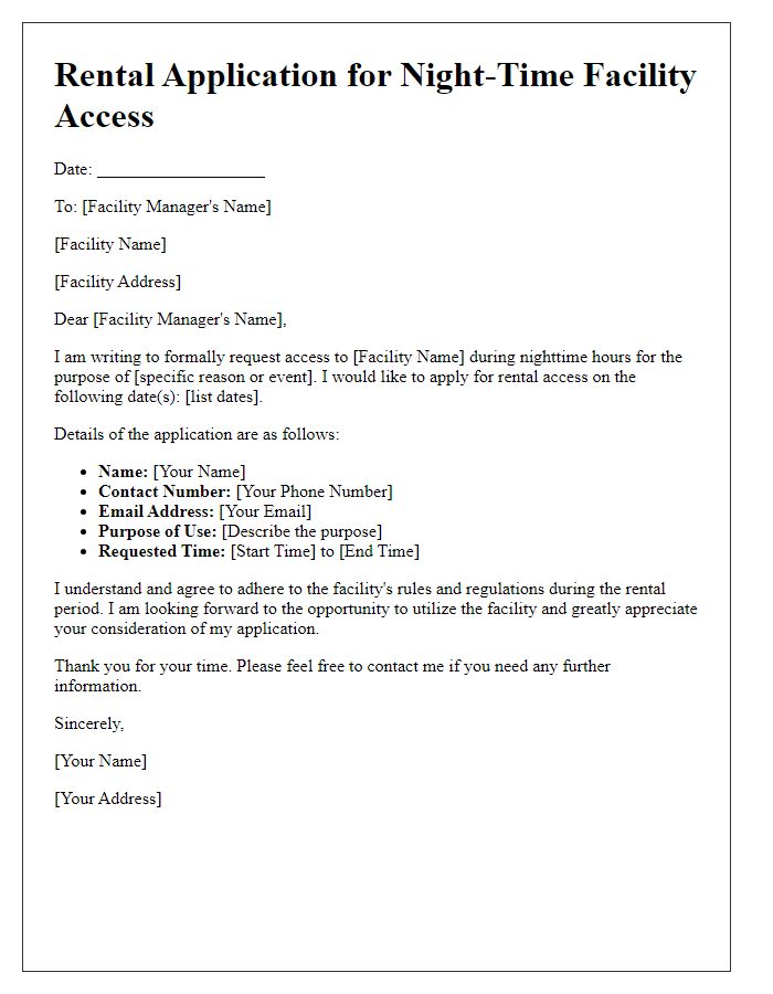 Letter template of rental application for night-time facility access.