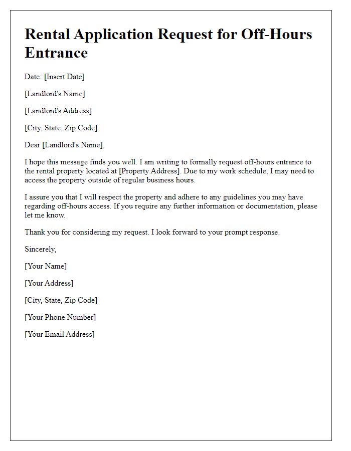 Letter template of rental application requesting off-hours entrance.