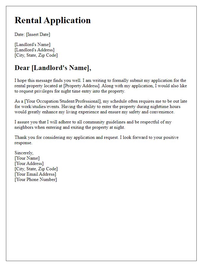 Letter template of rental application seeking night time entry privileges.