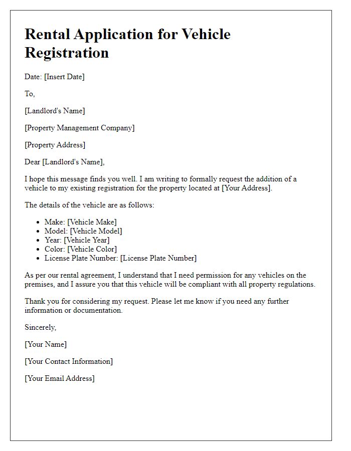 Letter template of rental application for adding a vehicle to existing registration.