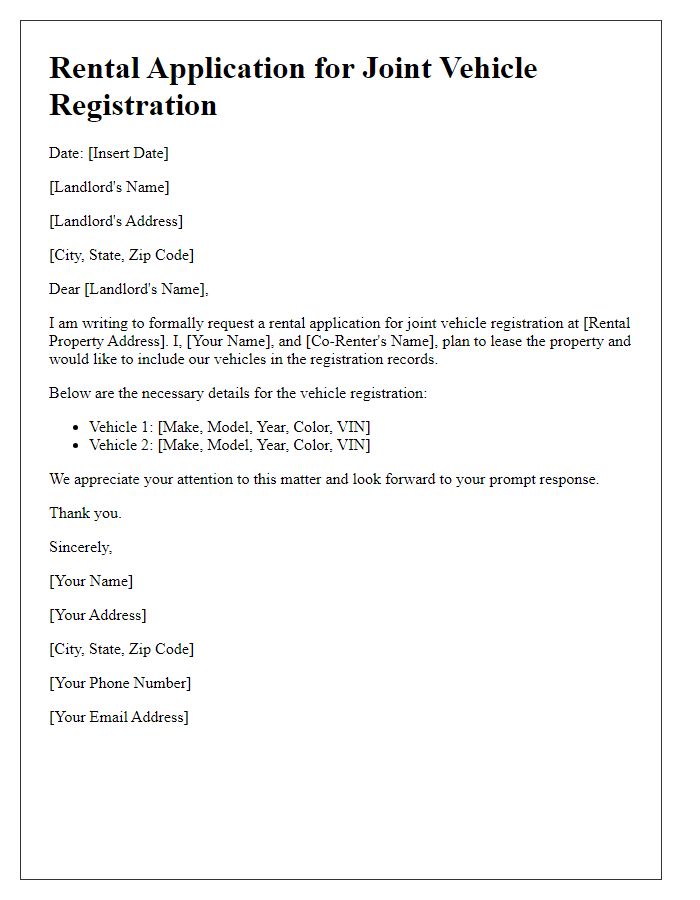 Letter template of rental application for joint vehicle registration.