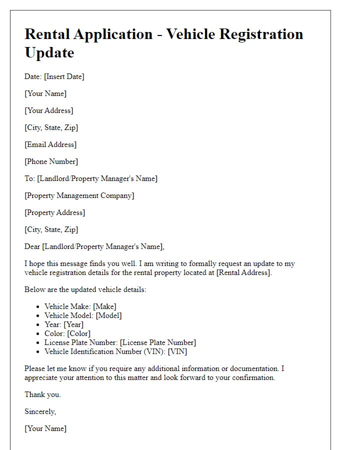 Letter template of rental application for updating vehicle registration details.