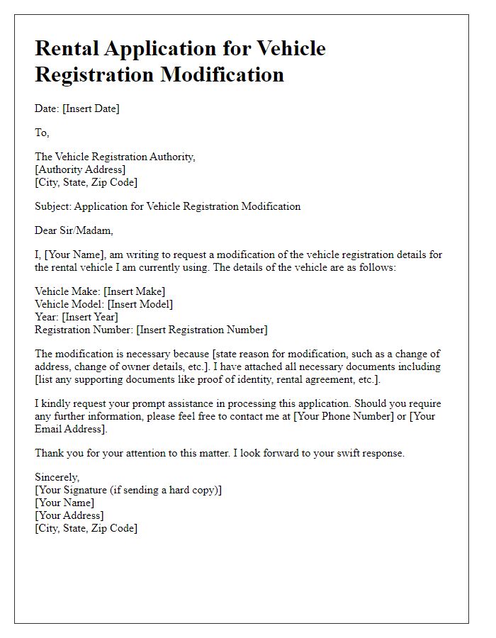 Letter template of rental application for vehicle registration modification.