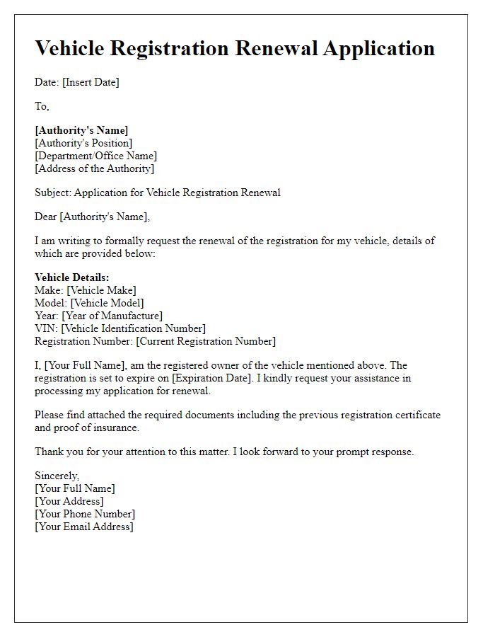 Letter template of rental application for vehicle registration renewal.