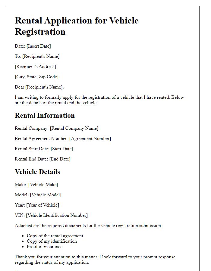 Letter template of rental application for vehicle registration submission.