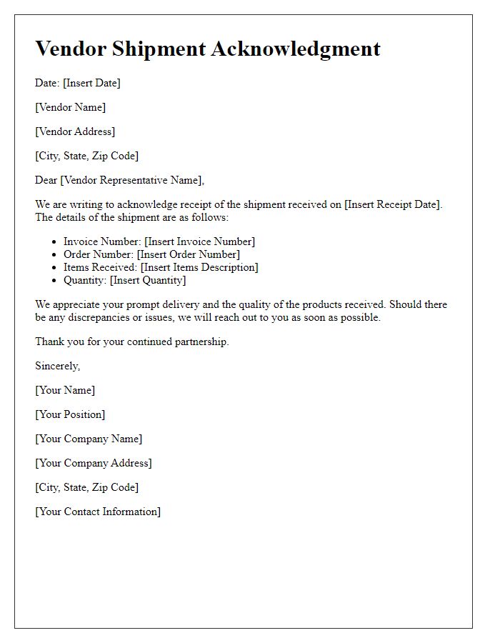 Letter template of acknowledgment for vendor shipment