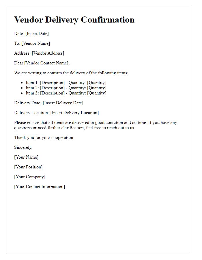 Letter template of confirmation for vendor delivery