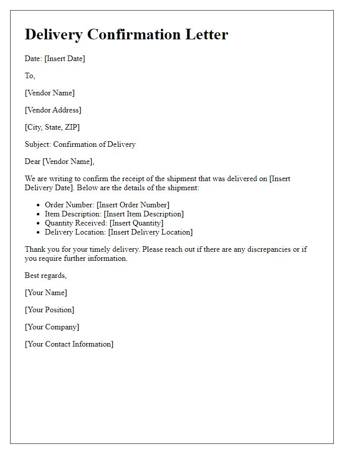 Letter template of delivery confirmation for vendor shipments
