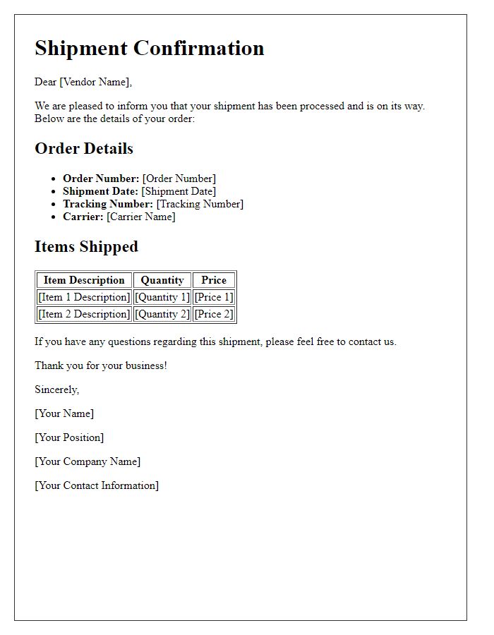 Letter template of shipment confirmation for vendor orders