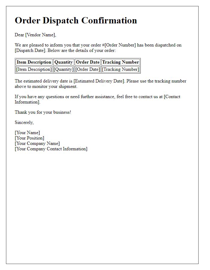 Letter template of vendor order dispatch confirmation