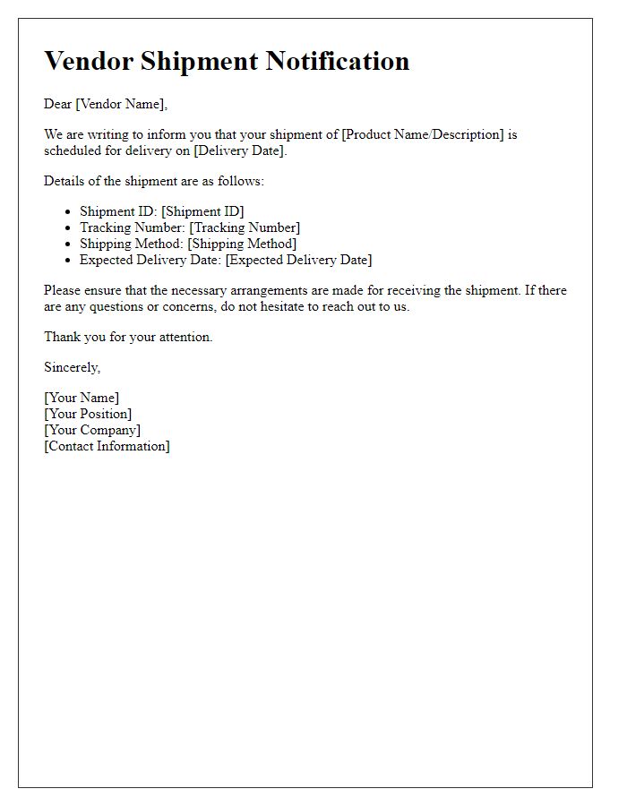 Letter template of vendor shipment notification