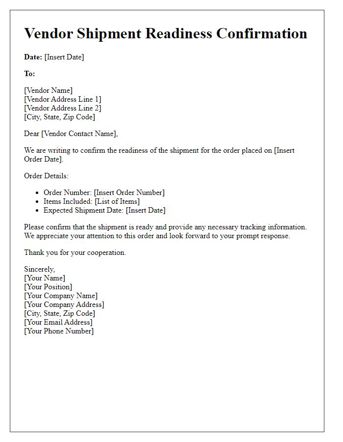 Letter template of vendor shipment readiness confirmation