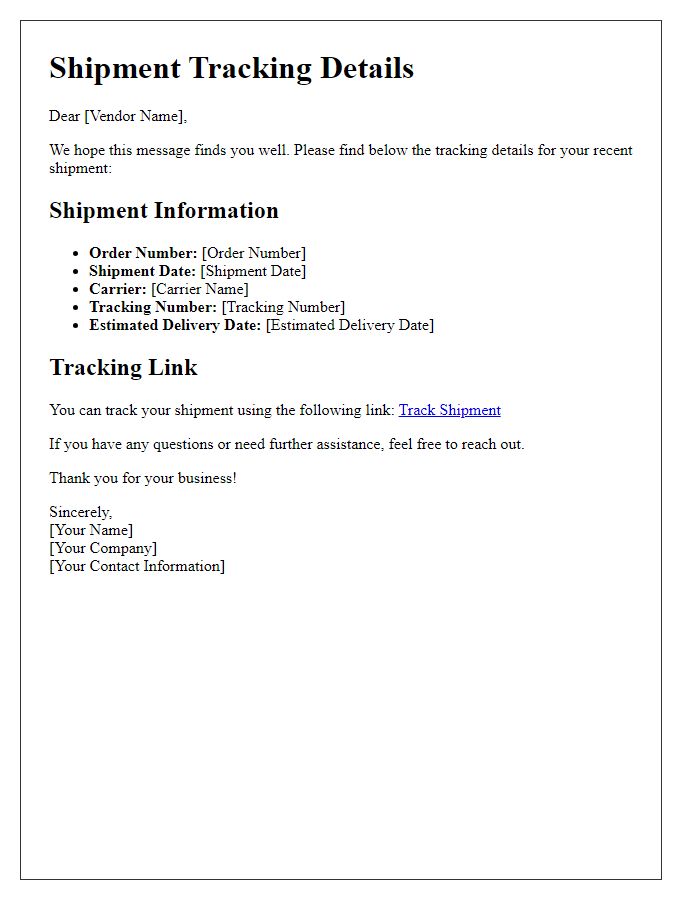 Letter template of vendor shipment tracking details