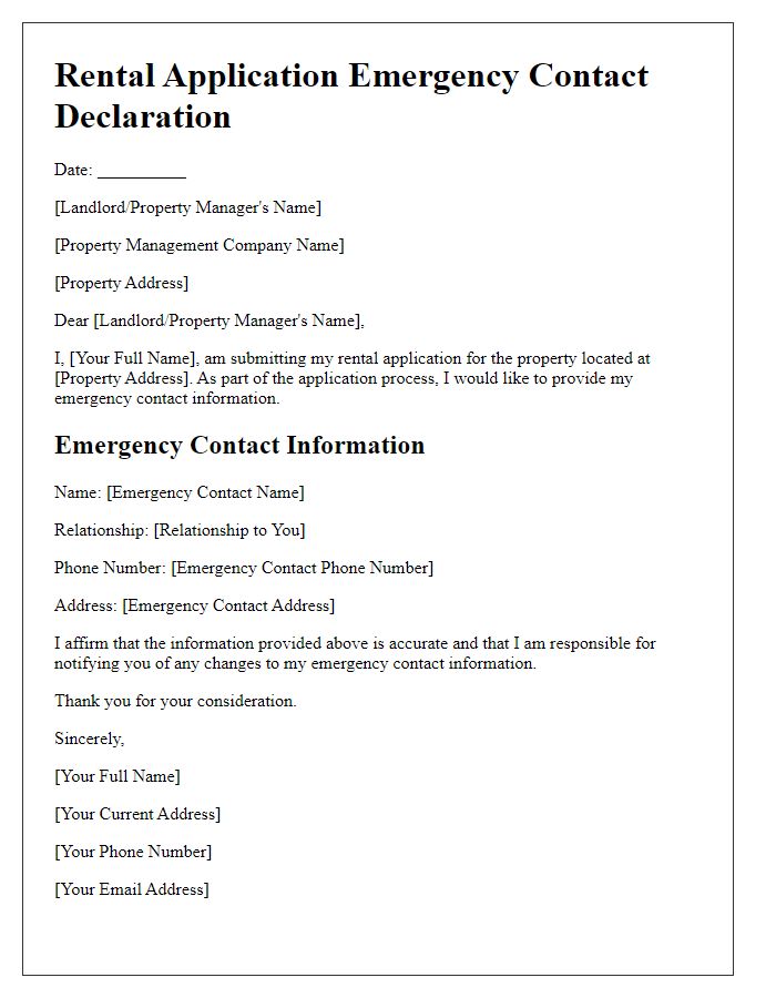 Letter template of rental application emergency contact declaration