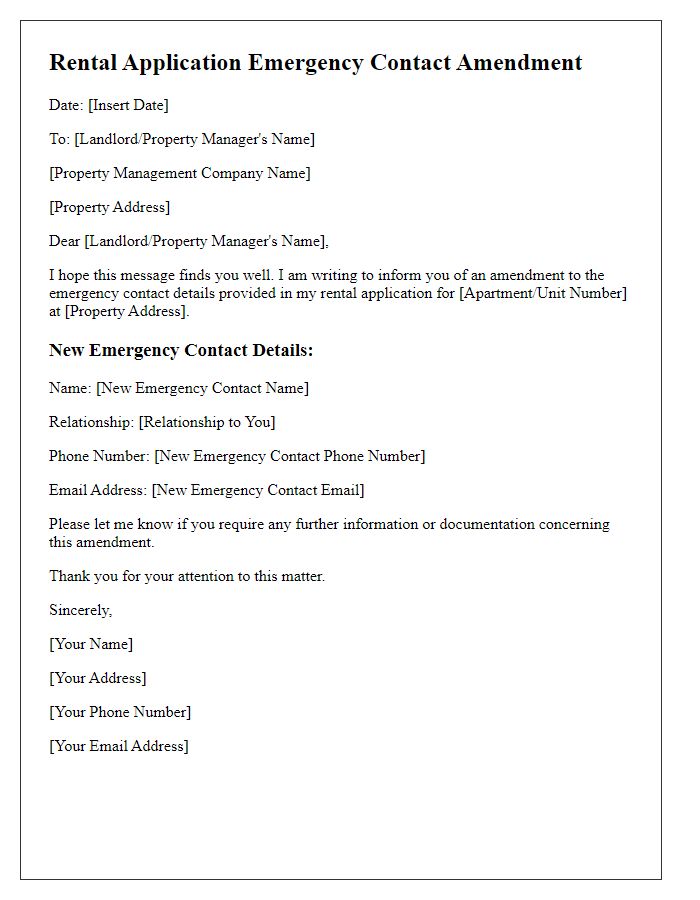 Letter template of rental application emergency contact details amendment