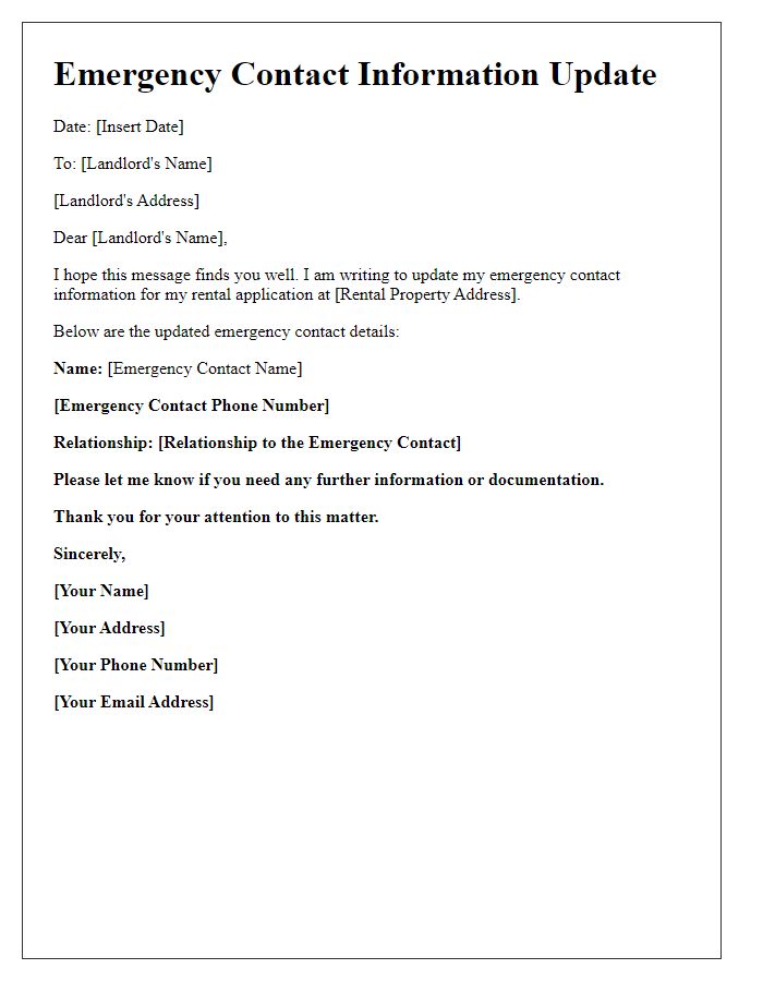 Letter template of rental application emergency contact information update