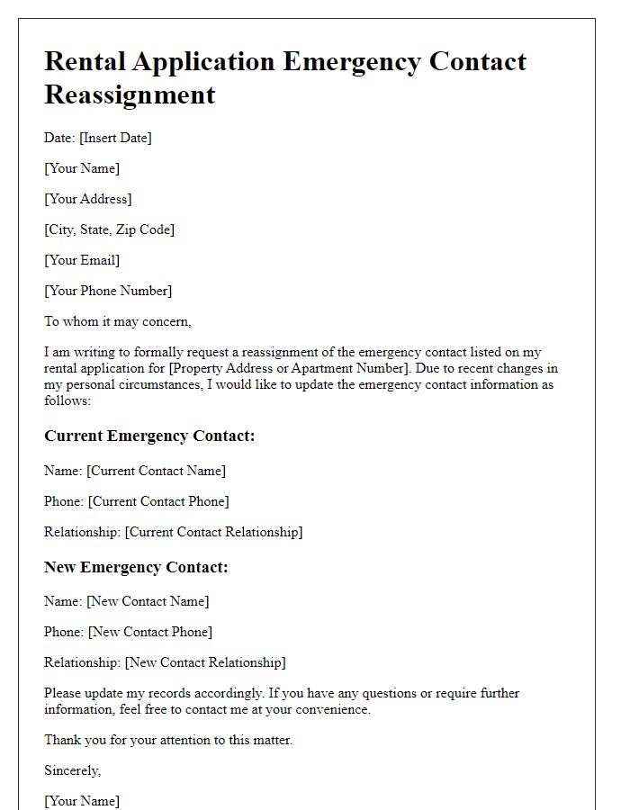 Letter template of rental application emergency contact reassignment