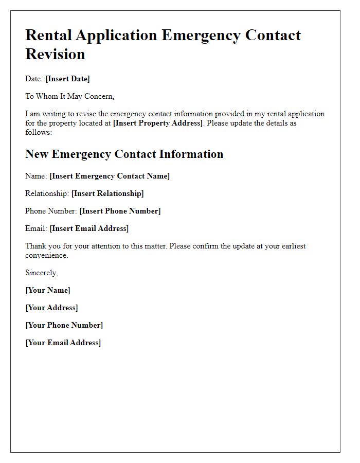 Letter template of rental application emergency contact revision