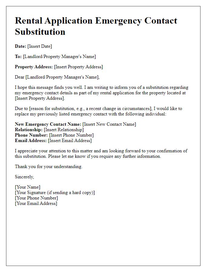 Letter template of rental application emergency contact substitution