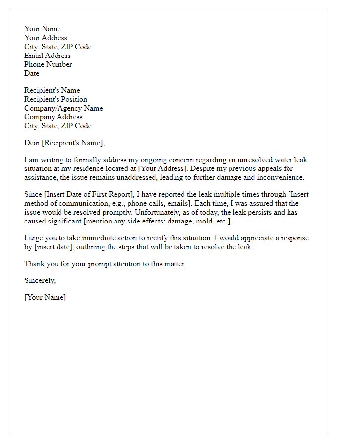 Letter template of complaint regarding unresolved water leak situation.