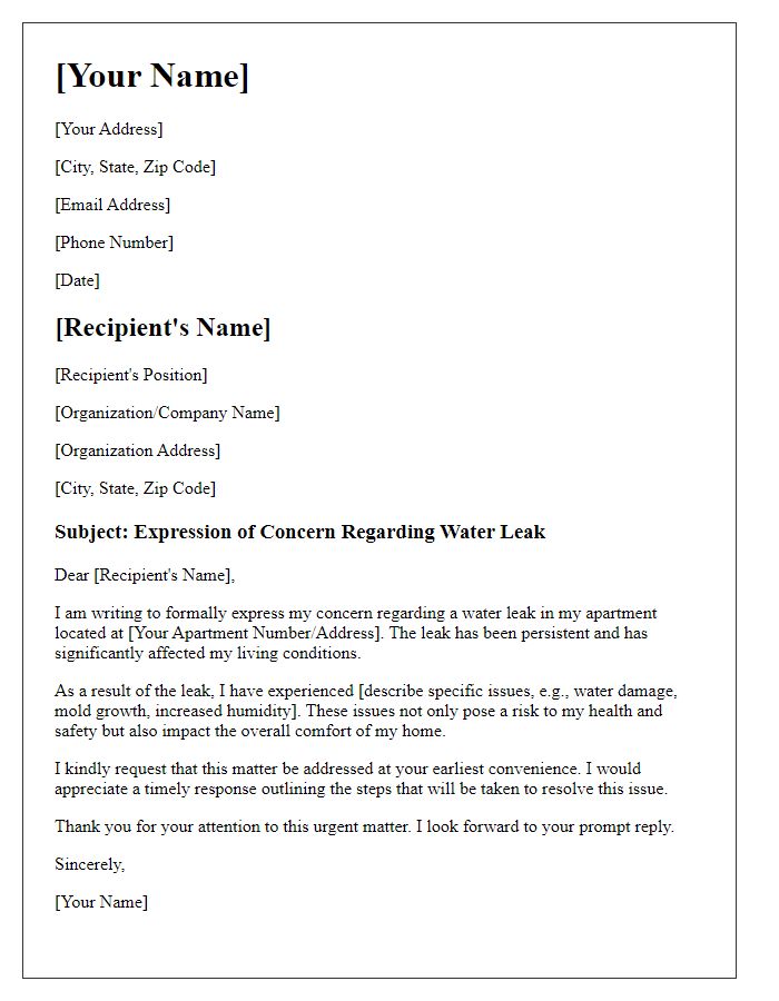 Letter template of expression of concern about water leak affecting living conditions.