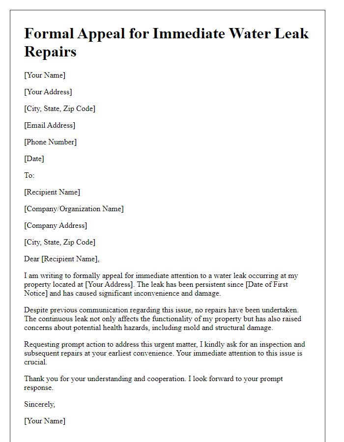 Letter template of formal appeal for immediate water leak repairs.