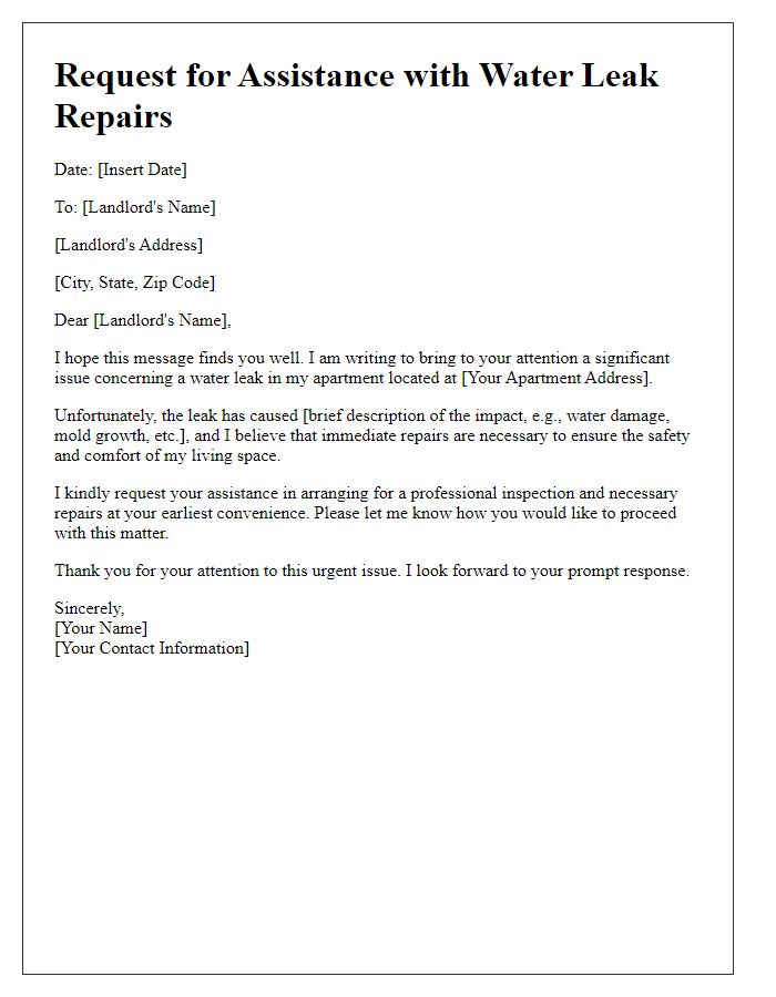 Letter template of request for landlord assistance with water leak repairs.